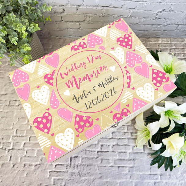 Wedding Memories Pink Hearts Wedding Day Personalised Wooden Memory Keepsake Box