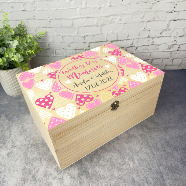 Wedding Memories Pink Hearts Wedding Day Personalised Wooden Memory Keepsake Box