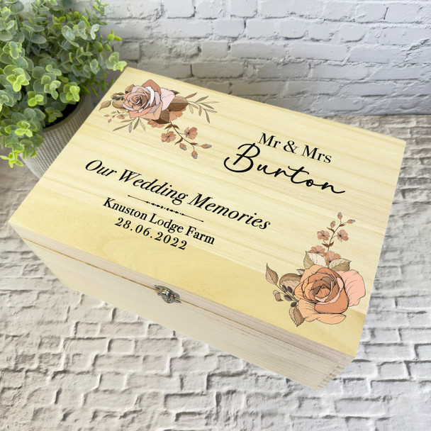 Retro Roses Memories Wedding Day Personalised Storage Wooden Memory Keepsake Box