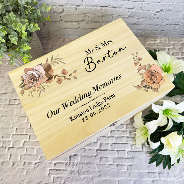 Retro Roses Memories Wedding Day Personalised Storage Wooden Memory Keepsake Box