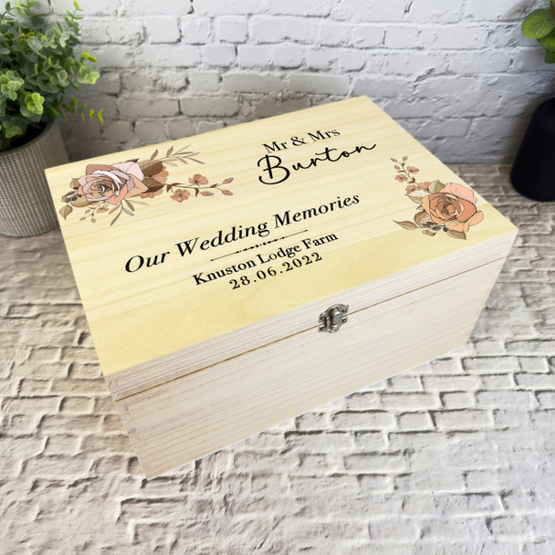 Retro Roses Memories Wedding Day Personalised Storage Wooden Memory Keepsake Box