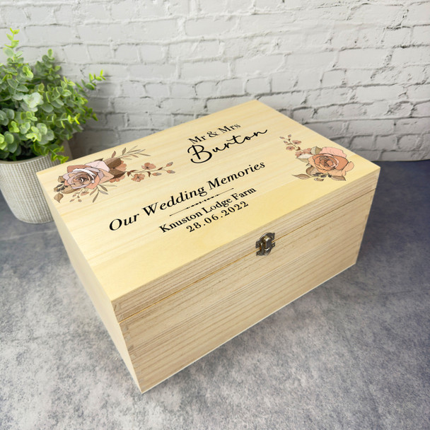 Retro Roses Memories Wedding Day Personalised Storage Wooden Memory Keepsake Box