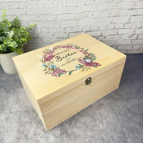 Purple Floral Wreath Mr & Mrs Bird Wedding Day Personalised Wooden Keepsake Box