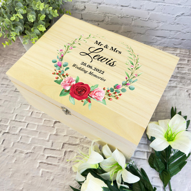 Red Roses Mr & Mrs Wreath Memories Wedding Day Personalised Wooden Keepsake Box