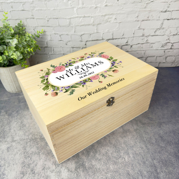 Watercolour Pink And Purple Floral Wedding Day Personalised Wooden Keepsake Box