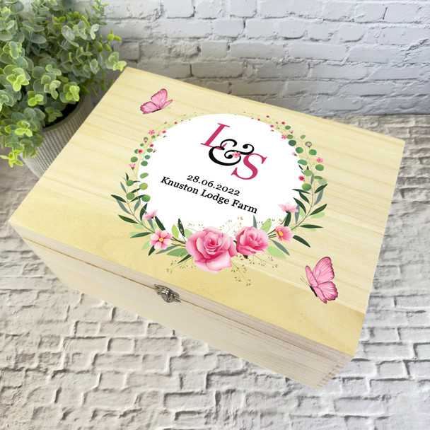 Pink Floral Initials Wreath Wedding Day Personalised Wooden Memory Keepsake Box