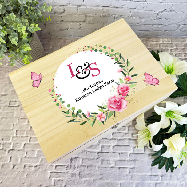 Pink Floral Initials Wreath Wedding Day Personalised Wooden Memory Keepsake Box