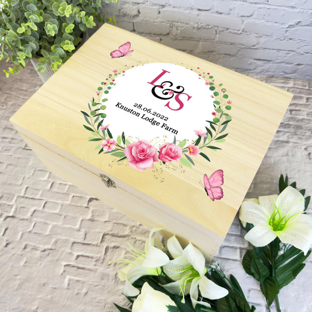 Pink Floral Initials Wreath Wedding Day Personalised Wooden Memory Keepsake Box