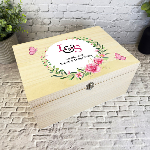 Pink Floral Initials Wreath Wedding Day Personalised Wooden Memory Keepsake Box