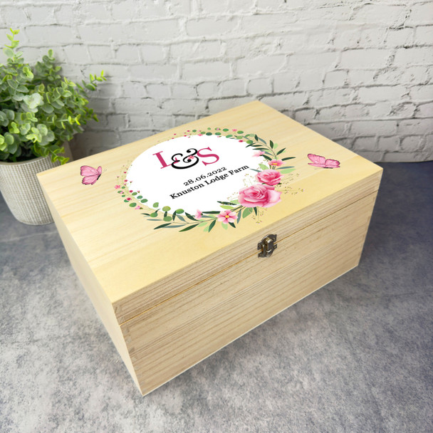 Pink Floral Initials Wreath Wedding Day Personalised Wooden Memory Keepsake Box