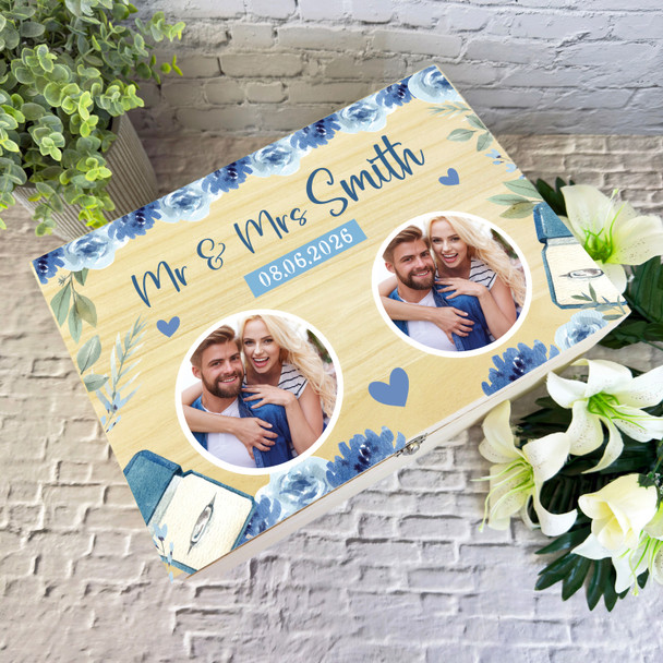 Wedding Day Memories Blue Flowers Photo Personalised Wooden Memory Keepsake Box