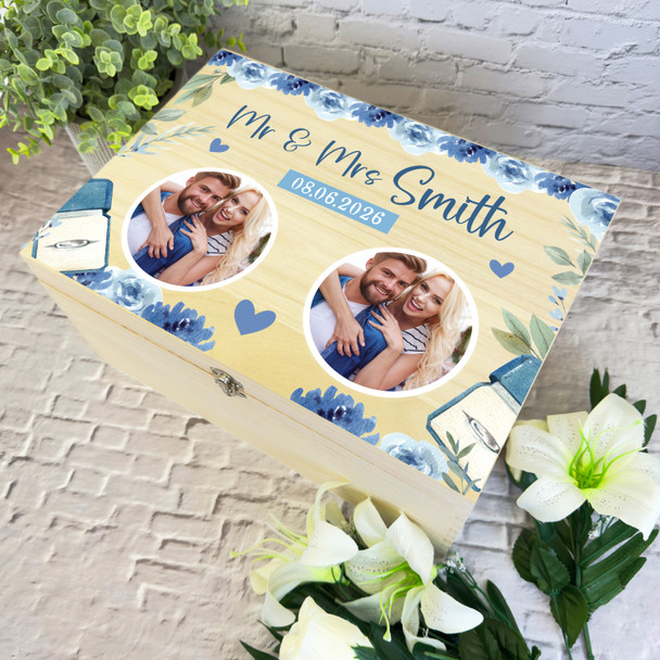 Wedding Day Memories Blue Flowers Photo Personalised Wooden Memory Keepsake Box