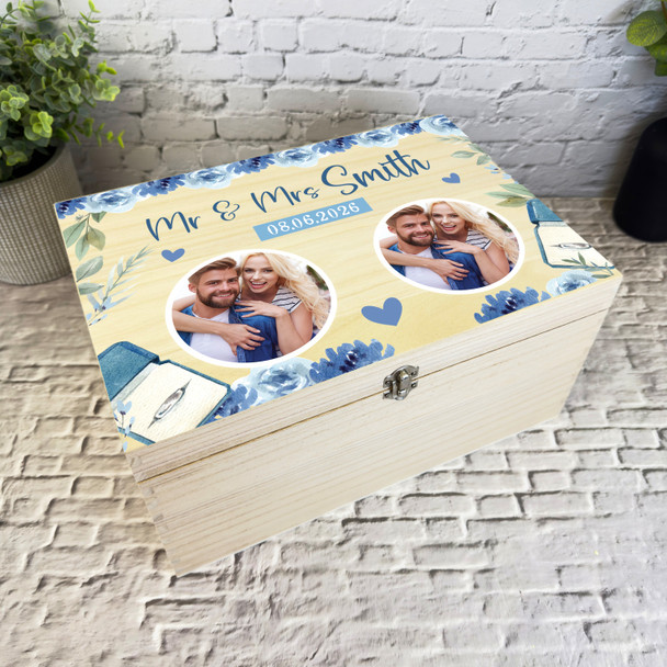 Wedding Day Memories Blue Flowers Photo Personalised Wooden Memory Keepsake Box