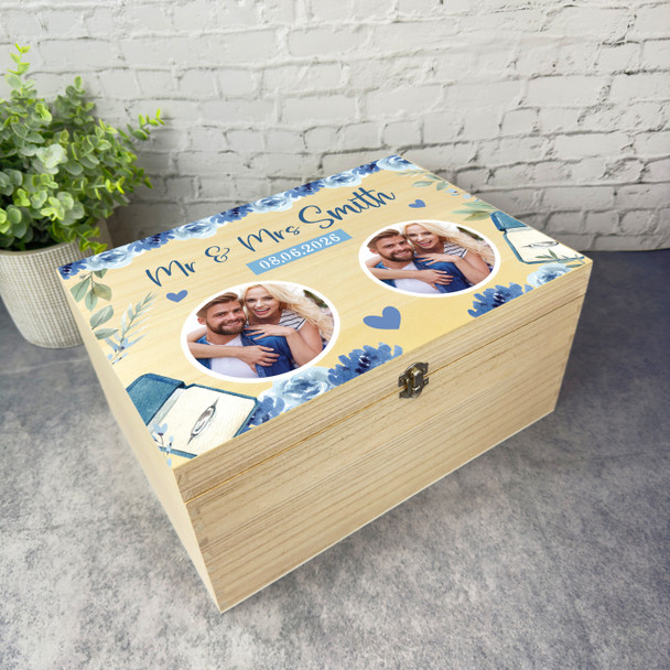 Wedding Day Memories Blue Flowers Photo Personalised Wooden Memory Keepsake Box