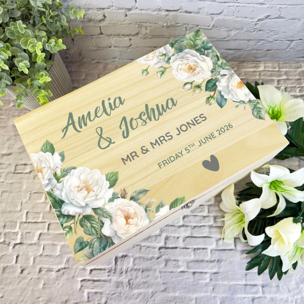 White Flowers Blue Memories Wedding Day Personalised Wooden Memory Keepsake Box