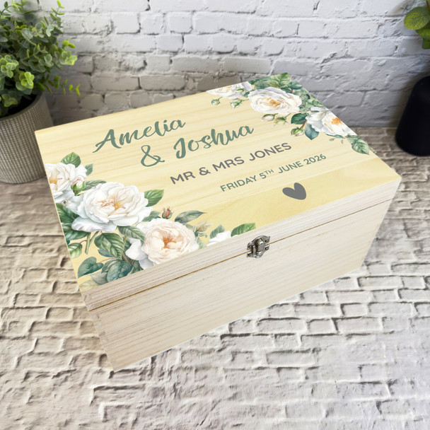 White Flowers Blue Memories Wedding Day Personalised Wooden Memory Keepsake Box