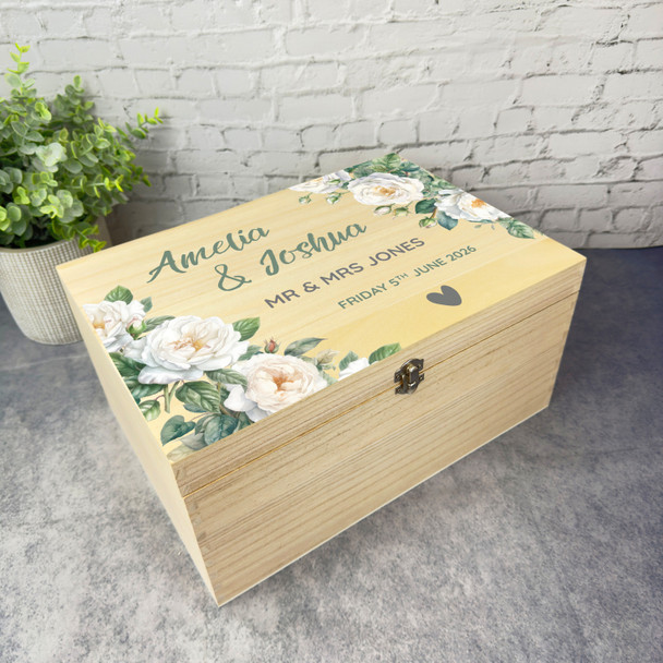 White Flowers Blue Memories Wedding Day Personalised Wooden Memory Keepsake Box