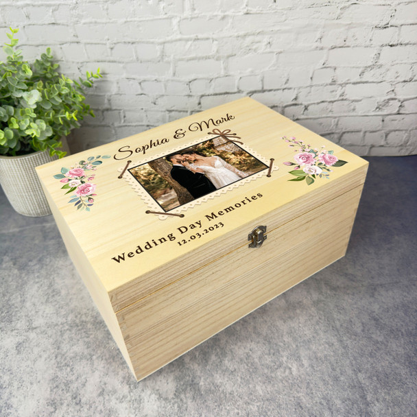 Pink Vintage Photo Frame Memories Wedding Day Personalised Wooden Keepsake Box