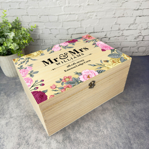 Retro Yellow Pink Floral Mr & Mrs Wedding Day Personalised Wooden Keepsake Box