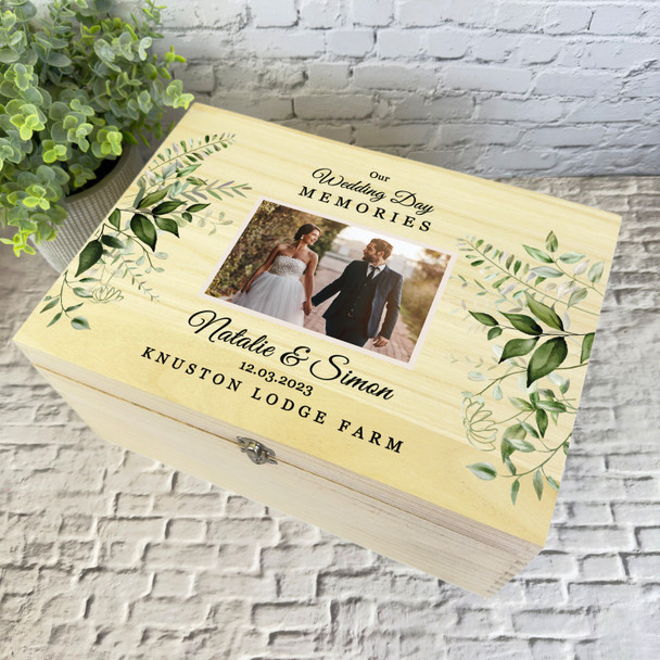 Watercolour Leaves Photo Memories Wedding Day Personalised Wooden Keepsake Box