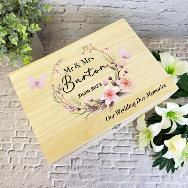 Watercolour Pink Butterfly Wreath Wedding Day Personalised Wooden Keepsake Box