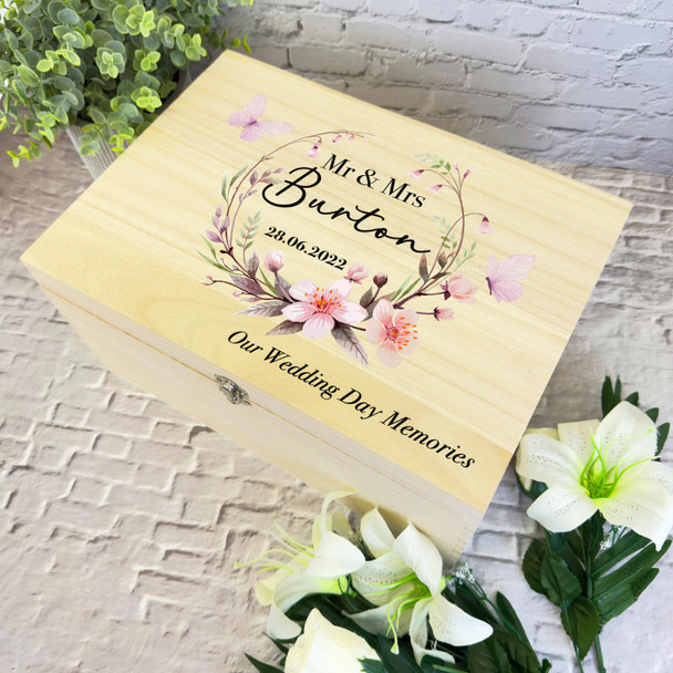 Watercolour Pink Butterfly Wreath Wedding Day Personalised Wooden Keepsake Box