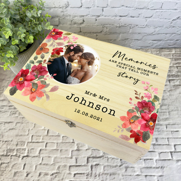 Watercolour Red Pink Floral Photo Wedding Day Personalised Wooden Keepsake Box