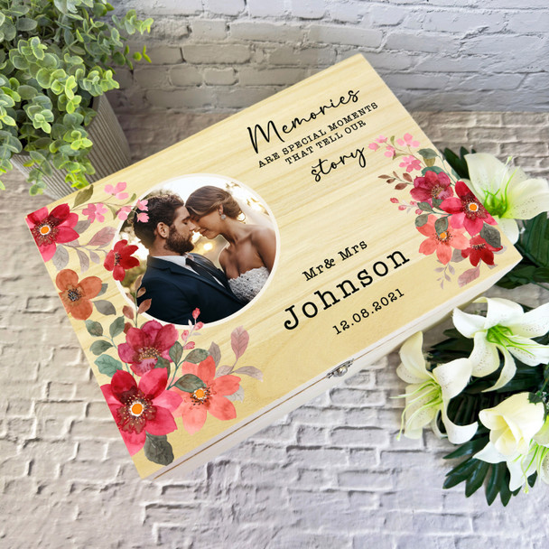 Watercolour Red Pink Floral Photo Wedding Day Personalised Wooden Keepsake Box