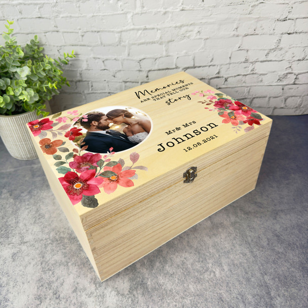 Watercolour Red Pink Floral Photo Wedding Day Personalised Wooden Keepsake Box