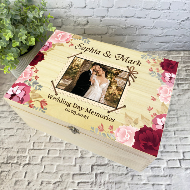 Floral Vintage Photo Frame Wedding Day Personalised Wooden Memory Keepsake Box