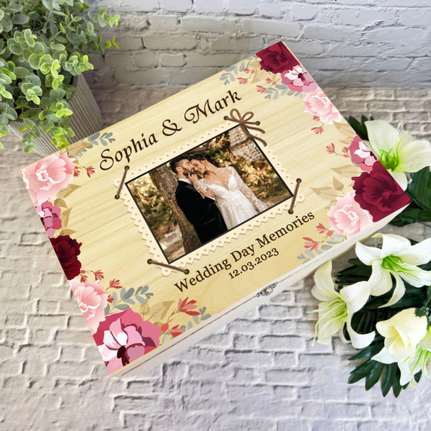 Floral Vintage Photo Frame Wedding Day Personalised Wooden Memory Keepsake Box