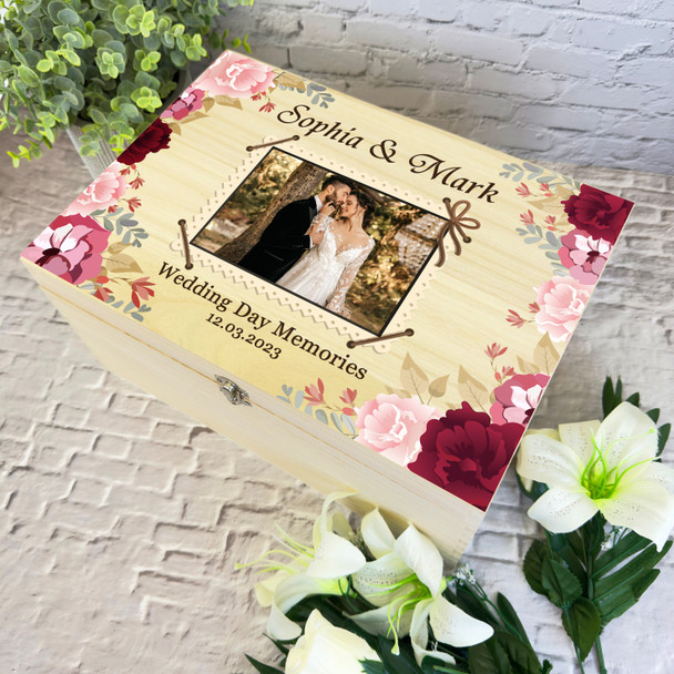 Floral Vintage Photo Frame Wedding Day Personalised Wooden Memory Keepsake Box