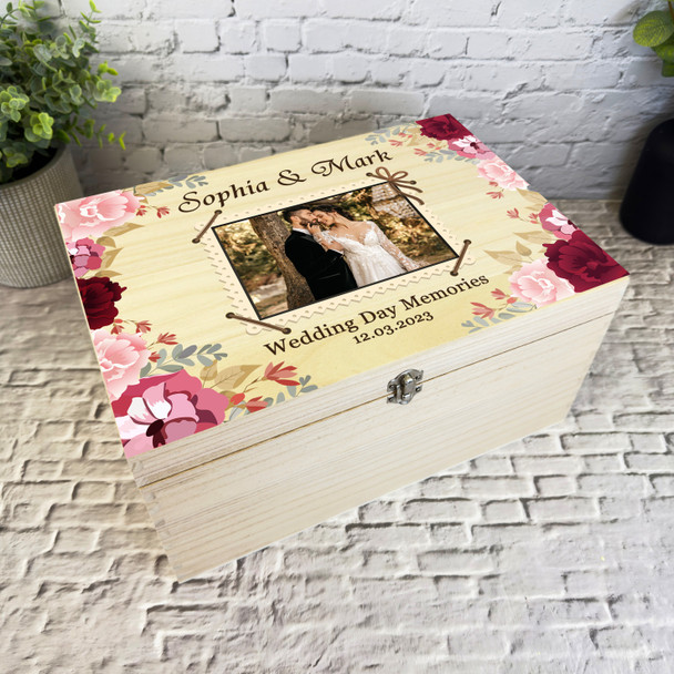 Floral Vintage Photo Frame Wedding Day Personalised Wooden Memory Keepsake Box