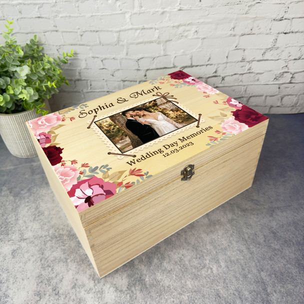 Floral Vintage Photo Frame Wedding Day Personalised Wooden Memory Keepsake Box