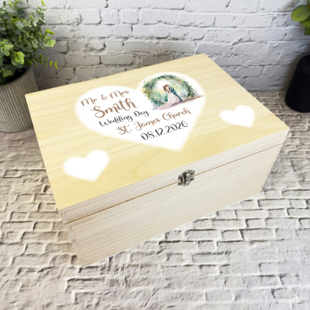 Married Couple White Heart Wedding Day Personalised Wooden Memory Keepsake Box