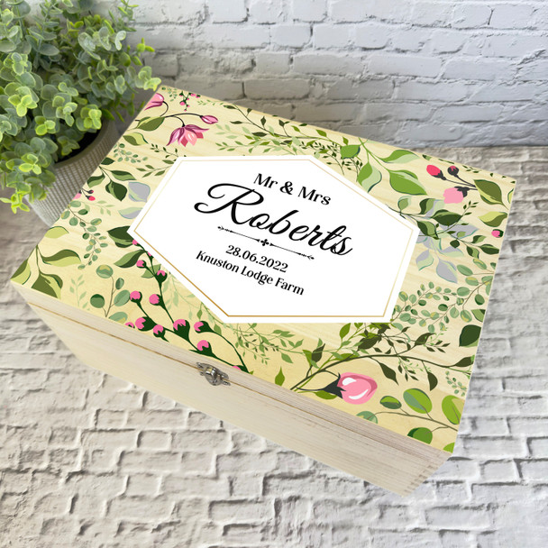 Pink Floral Pattern Leaves Wedding Day Personalised Wooden Memory Keepsake Box