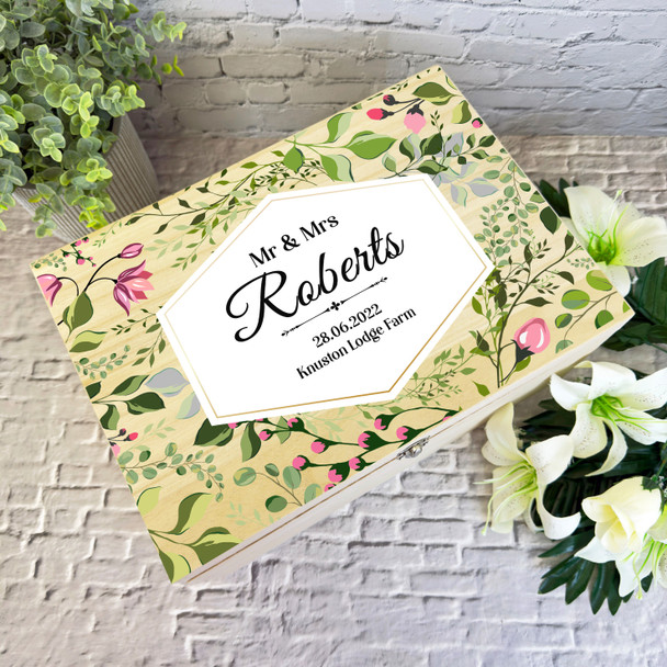 Pink Floral Pattern Leaves Wedding Day Personalised Wooden Memory Keepsake Box