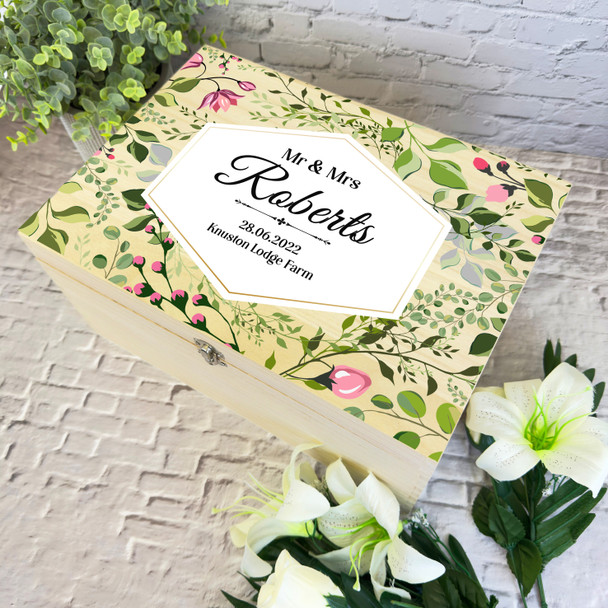 Pink Floral Pattern Leaves Wedding Day Personalised Wooden Memory Keepsake Box