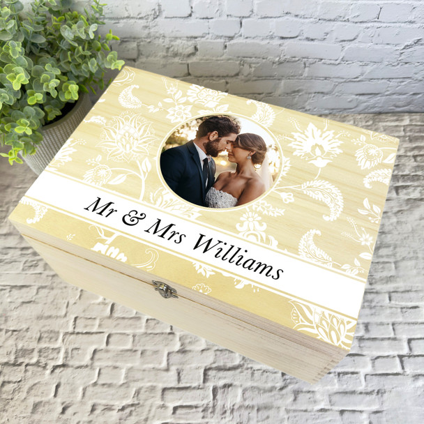 White Floral Pattern Photo Wedding Day Personalised Wooden Memory Keepsake Box