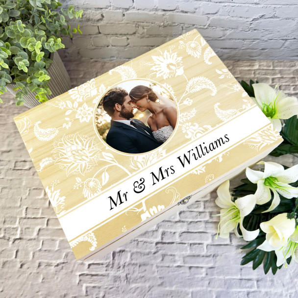 White Floral Pattern Photo Wedding Day Personalised Wooden Memory Keepsake Box