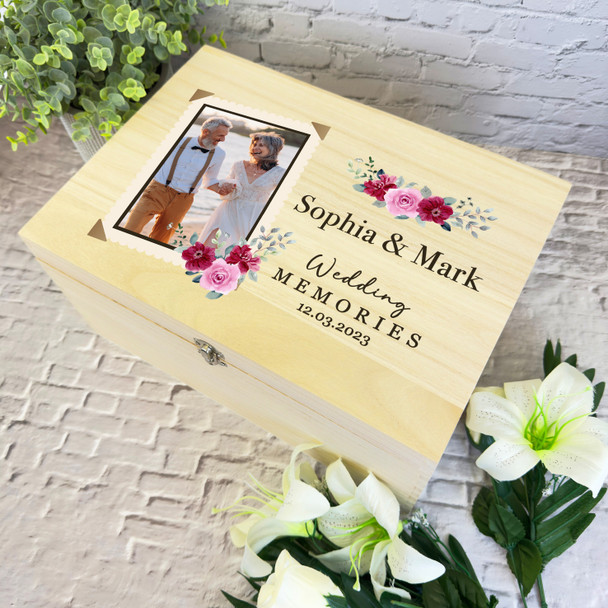 Floral Retro Photo Wedding Day Personalised Storage Wooden Memory Keepsake Box