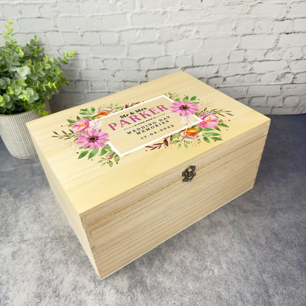 Pink Watercolour Floral Memories Wedding Day Personalised Wooden Keepsake Box