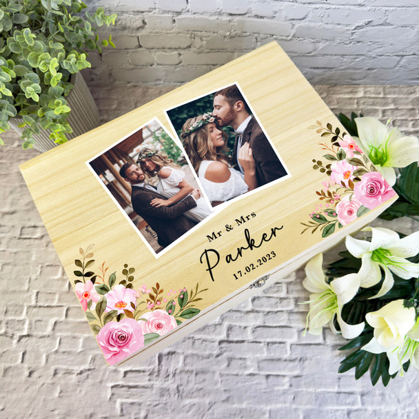 Watercolour Pink Photos Wedding Day Memories Personalised Wooden Keepsake Box