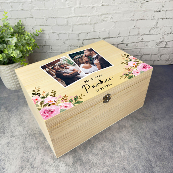 Watercolour Pink Photos Wedding Day Memories Personalised Wooden Keepsake Box