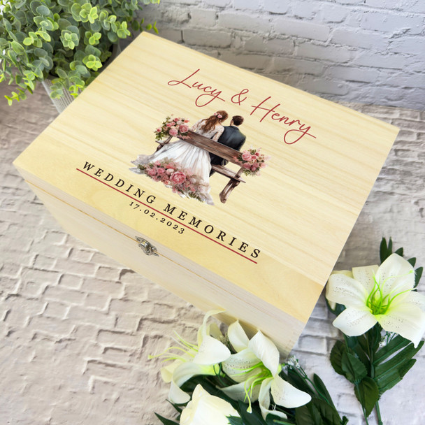 Watercolour Wedding Couple Bench Wedding Day Personalised Wooden Keepsake Box