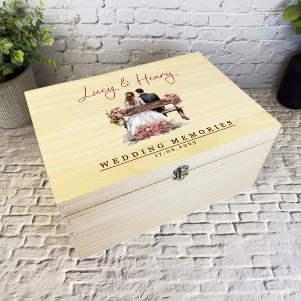 Watercolour Wedding Couple Bench Wedding Day Personalised Wooden Keepsake Box