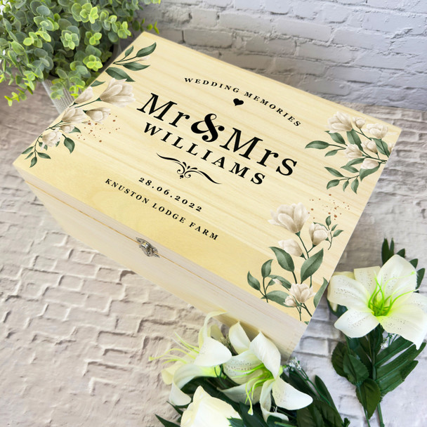 Watercolour White Green Memories Wedding Day Personalised Wooden Keepsake Box