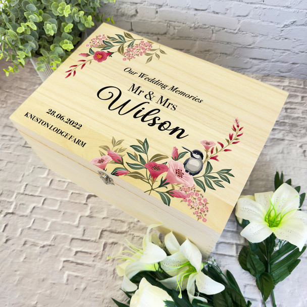 Bird Pink Floral Memories Wedding Day Personalised Wooden Memory Keepsake Box