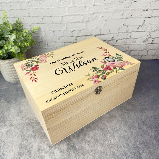 Bird Pink Floral Memories Wedding Day Personalised Wooden Memory Keepsake Box