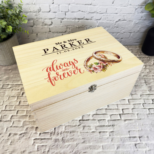 Floral Gold Wedding Rings Wedding Day Personalised Wooden Memory Keepsake Box